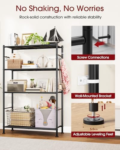 Sakugi 4-Tier Storage Shelves with 6 Hooks, 33.2" x 12.7" x 57.3", Black
