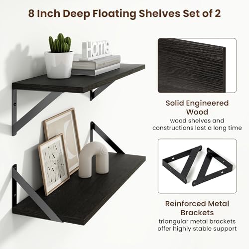 Axeman 20 Inch Floating Shelves, 8 Inch Deep Black Wall Shelves Set of 2