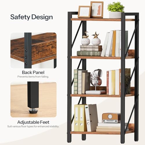 HOOBRO Bookshelf, 4-Tier Industrial Bookcase, Book Shelf Storage Organizer, Small Bookshelf with Metal Frame for Living 