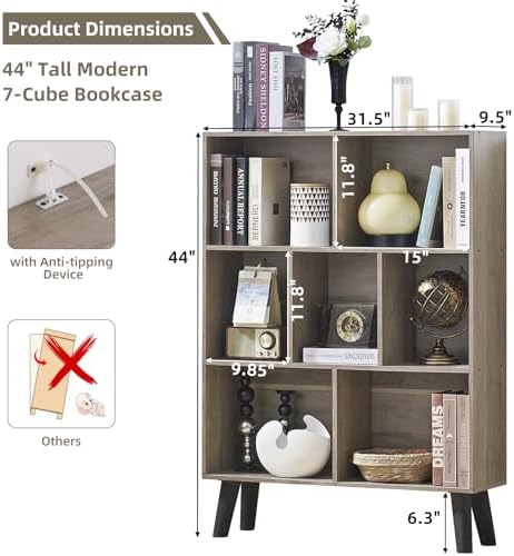 LEYAOYAO Cube Bookshelf, Mid-Century Modern Book Shelf with Legs,Retro Grey