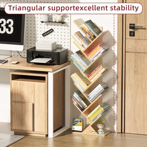 10 Tier Tree Book Shelf, Floor Standing Wood Bookshelf for Narrow Space