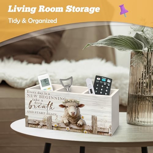Motivational Sheep Pen Holder Organizer for Desk Accessories, Sheep Gifts for Women, Farmhouse Daisy Floral Lamb Positive Wooden Box Sign Desk Decorations for Home Office Decor