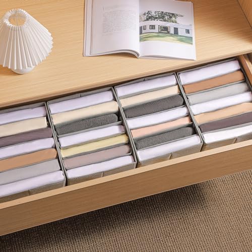 4 Packs Adjustable T-shirt Drawer Organizers for Clothing with 6 Adjustable Dividers, 7 Grids Wardrobe Storage Box, DIY 