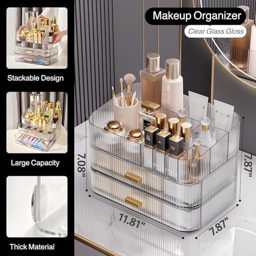 Clear Makeup Organizer for Vanity, Large Desk Organizer with Stackable Drawers for Cosmetics, Skincare, Lipsticks, Eyesh