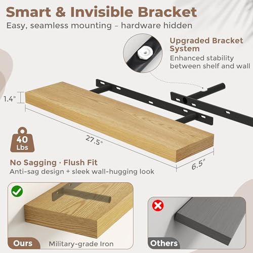 FLYJOE 27.5 Inch Floating Shelves for Wall Set of 2, 6.5" D Wood Grain Bathroom Shelves with Invisible Brackets, Easy In