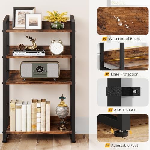 Hosfais Book Shelf Small Bookshelf: 4-Tier Wood Bookcase Industrial Bookshelf with Edge Protection Metal Narrow Bookcase