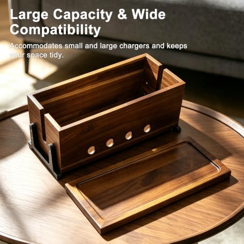 Large Wood Cable Management Box, Vintage Walnut Cord Organizer 14"