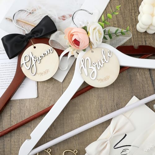 FillTouch 2 Pack Bride Groom Hangers for Wedding Dress with Bow, Pink