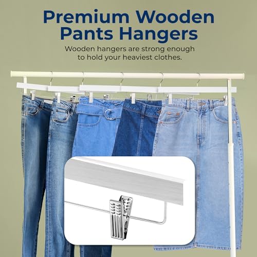 SereneLife 30 Pack Skirt and Pant Hanger with Adjustable Non-Slip Steel Clips, Premium Wooden, 360° Swivel Hook & 10 lb Capacity – Space-Saving Heavy-Duty Hangers for Jeans, Shorts & Slacks (White)