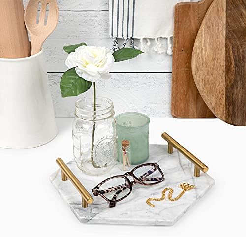White Marble Hexagon Tray with Gold Handles for Vanity & Bathroom