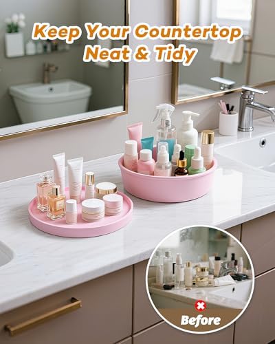 Vanity Tray for Bathroom, 10 Inch and 9.1 Inch Round Perfume Tray, Plastic Bathroom Counter Organizer, Yellow Bathroom D