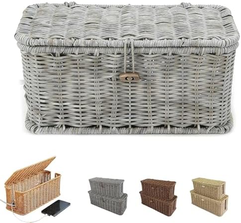 Handwoven Rattan Cable Management Box, Basket to Hide Cords, Container for Tv Wire, Computer, Router, USB Hub (Gray, L：1