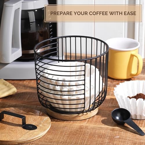 Coffee Filter Holder for Counter with Wooden Lid - Round Black Wire Coffee Pod Storage Container Basket for Kitchen Coun