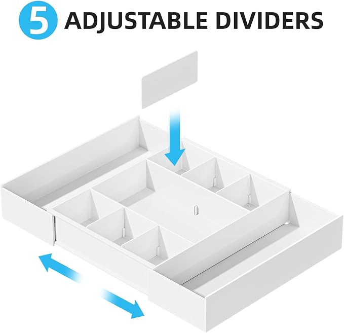Marbrasse Expandable Desk Drawer Organizer, Clear Plastic Drawer Organizer Tray with 10 Adjustable Compartments, Desk Organizers and Accessories, 5 Drawer Dividers for Office Supplies, Makeup(White)