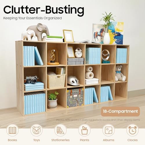 18-Cube Solid Wood Bookshelf, 3-Tier Storage Organizer Semi-Open Floor Display Shelf Closet Cabinet for Home Office Libr