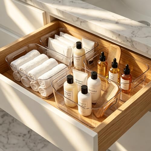 Hudgan 12 Pack Pantry Storage Bins for Kitchen Cabinet, Clear Plastic Organizer Bins for Bathroom, Pantry Organizer Cont