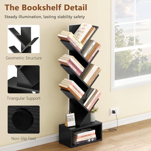 Hoctieon 6 Tier Tree Bookshelf, Tall Bookcase with Drawer, Freestanding Book Shelf with LED Lights, Display Floor Standi