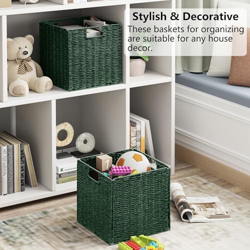 Vagusicc Wicker Storage Basket, Set of 2 Hand-Woven Paper Rope Wicker Baskets, Foldable Cube Storage Bins, Square Storag