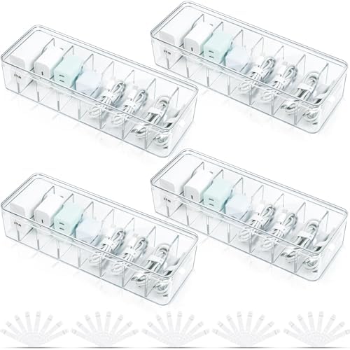 4 Pack Cable Organizer Box, Cord Storage Box, Clear, 8 Compartments