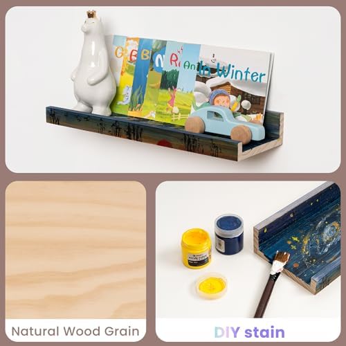 Floating Shelves for Wall, 16 inch Solid Wood Picture Ledge Shelf, Picture Shelf for Wall with Ledge, Floating Book Shelves for living room Bedroom Kitchen Nursery Decor, Natural Unfinished, Set of 2
