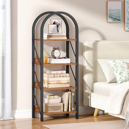 HOOBRO Bookshelf, 4-Tier Arched Bookshelf, Industrial Bookcase with Metal Frame, Small Book Shelf Storage Organizer for 