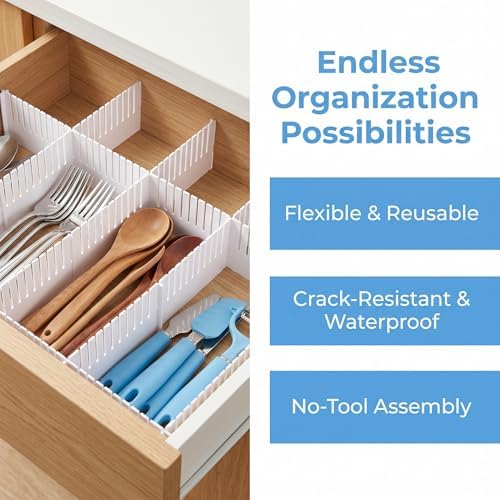 Adjustable Plastic Drawer Separators, 15 PCS Dividers + 25 Connectors, 14.96" Length x 4.33" Height, Cuttable Storage Or