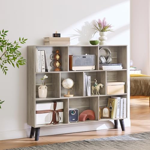 LEYAOYAO 10 Cube Bookshelf,Mid-Century Modern Bookcase with Legs,Retro Grey