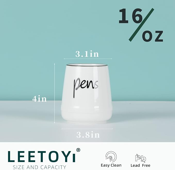 LEETOYI Ceramic Farmhouse Pen Holder for Desk, Pencil Organizer 16oz (White)