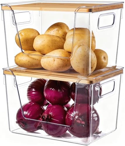 Criusia 2 Set Pantry Organizers and Storage with Bamboo Lids, Stackable Clear Bins for Onion, Potato, Fruit, Vegetables,