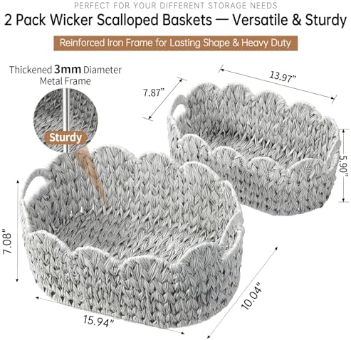 Coeusy Wicker Scalloped Basket Set of 2,Woven Storage Baskets for Shelves,Closet,Laundry,Gift,Towels,Books,Toys,Waterproof Cute Decor Basket for Organizing,Grey