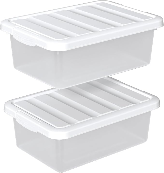 14 Quart Plastic Stackable Storage Box, Clear Latching Bin with White Lid, 2 Pack