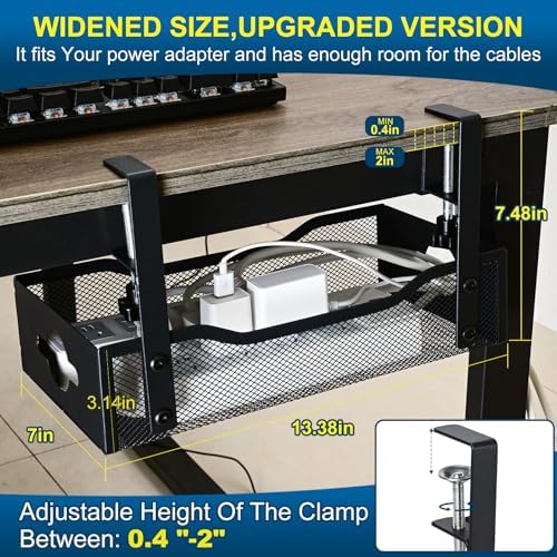 Large Under Desk Cable Management Tray - Heavy Duty Metal Cord Organizer with No Drill Installation for Office & Home Of