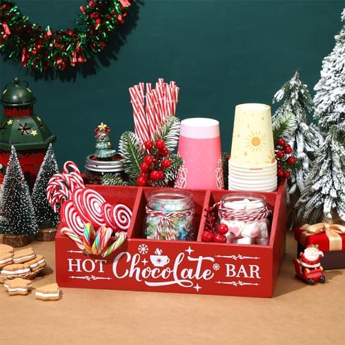 Barydat Christmas Hot Cocoa Bar Wood Coffee Station Organizer Countertop with 4 Compartment Coffee Bar Decorative Holder
