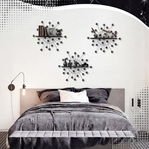 Yaocom 3 Pcs Crystal Floating Shelves, Bling Sparkle Metal Starburst Wall Decor Shelves, Black Folding Wall Mounted Stor