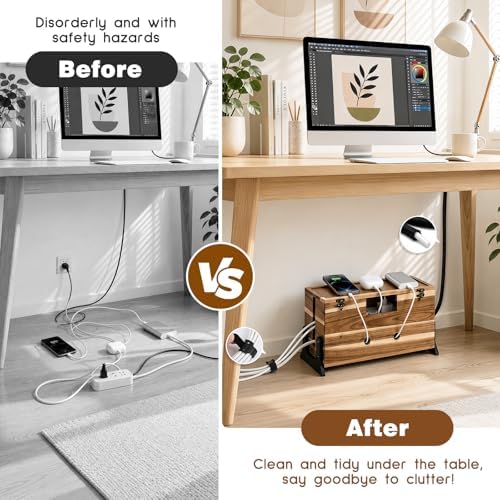 Extra Large Cable Management Box, 14.2-Inch Acacia Wood Cord Hider Box with Dual Locks and Magnetic Lid, Power Strip Cov