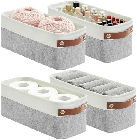 Bagnizer Small Fabric Storage Baskets, 15x6x5 inch Narrow Storage Bins 4-Pack Long Storage Basket for Organizing with Ha
