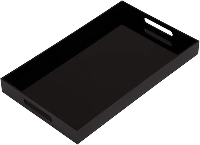 Glossy Black Sturdy Acrylic Serving Tray with Handles-12x20Inch-Serving Coffee,Appetizer,Breakfast,Butler-Kitchen Countertop Makeup Drawer Organizer-Vanity Table Ottoman Decorative Tray