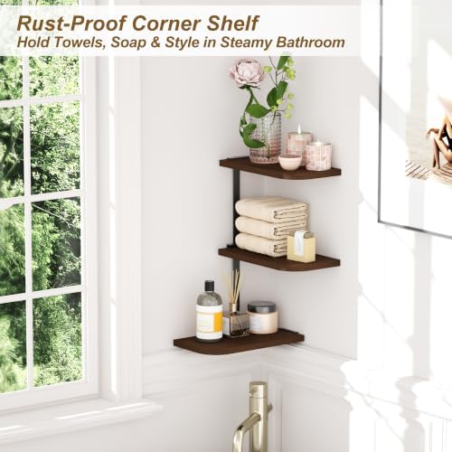 Love-KANKEI Large Corner Shelf 3-Tier, Solid Wood&Bracket, 17" Tall, Walnut