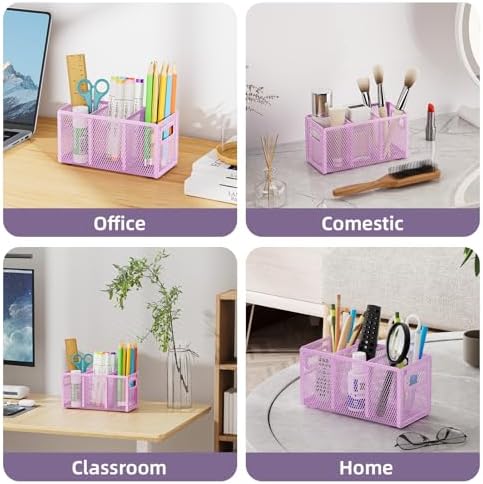 Marbrasse Mesh Pen Holder for Desk, Pencil Holder Desk Organizer 3 Adjustable Compartments, Pencil Cup with Handle Perfect for Classroom, Office, Home, Makeup, Art (Purple)