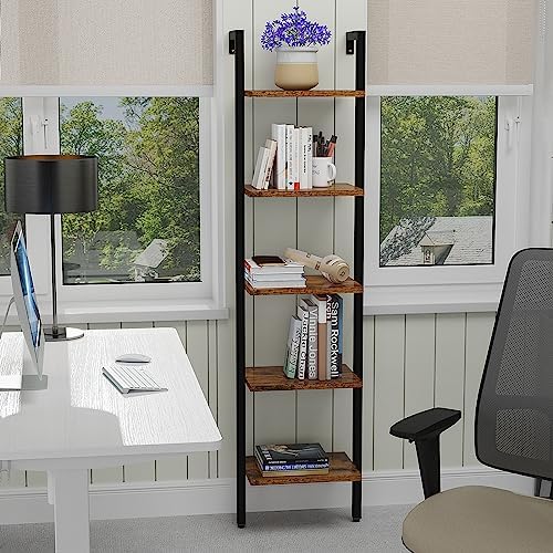 YMYNY 5 Tiers Ladder Bookcase, Industrial Wall Mounted Bookshelf, Open Display Rack with Metal Frame, Wooden Storage She