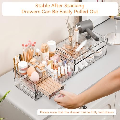 Yieach 2 Pack Clear Makeup Organizer Countertop for Dresser,Vanity and Bathroom Counter Organizer,Tiered Stackable Makeu