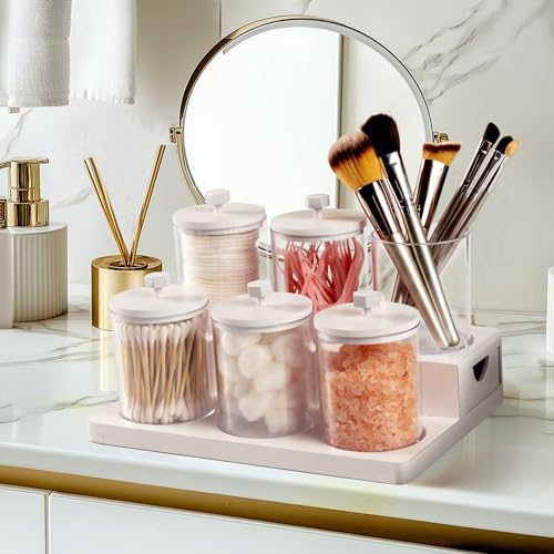 Tektalk 6 Pack Acrylic Qtip Holder Dispenser with Bamboo Lids & Vanity Tray, for Cotton Swabs, Balls, Pads, Floss Picks,