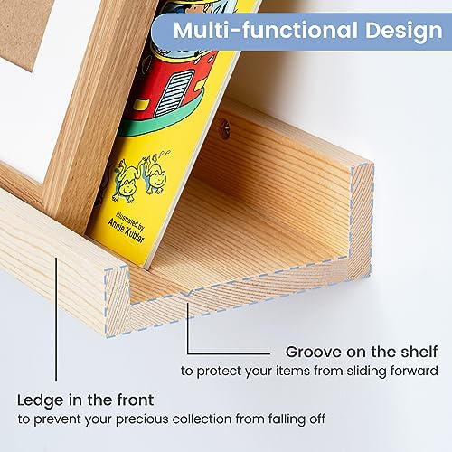 Picture Ledge Shelf for Wall, 16 inch Solid Pine Wood Nursery Book Shelves 2 Packs, Floating Ledge Shelves for Kids' Room Bedroom Bathroom Living Room Photo Frames Office Nursey Wall Decor, Natural