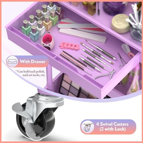 SUNALLY Makeup Cart Organizer with Drawer,3 Tier Rolling Makeup Cart,Purple