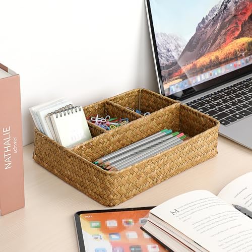 BTSKY Desk Drawer Organizer Tray, Coffee Station Organizer Tea Bag Organizer, Woven Seagrass Storage Basket with 4 Divided Sections Handwoven Wicker Storage Basket for Shelves, Pantry, Coffee Bar