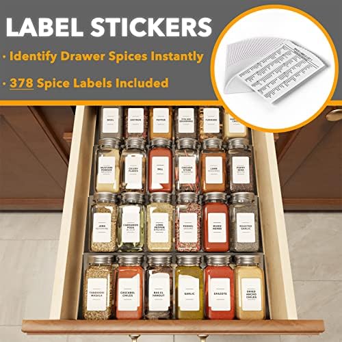 SpaceAid Spice Drawer Organizer with 24 Spice Jars, 378 White Minimalist Spice Labels, 4 Tier Seasoning Rack Tray Insert