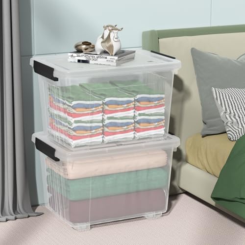 4-Pack 50 Qt Lidded Storage box, Large Clear Plastic Bin with Wheels