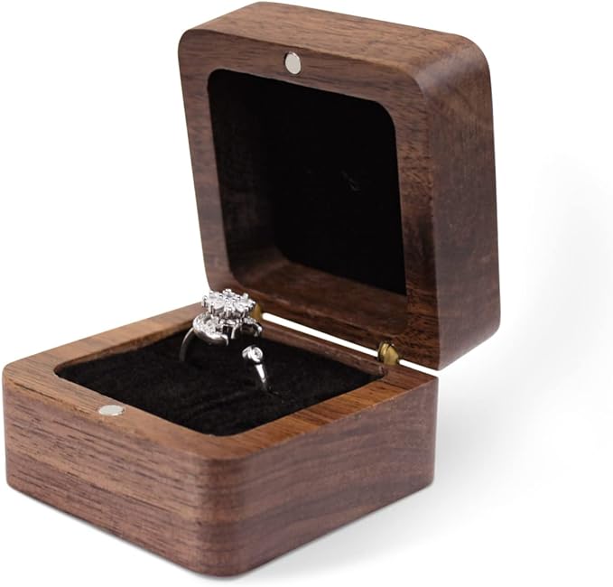 Personalized Wooden Ring Box, Mini Engagement Ring Holder Box with Single Slot, Square Wedding Rings Box for Rings, Elegant and Retro RingHolder Box for Wedding, Ceremony (black)