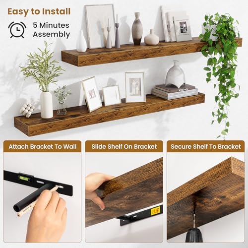 Fun Memories 40 Inch Floating Shelves, Long Wood Wall Shelf Set of 2 with Invisible Brackets, for Bathroom, Living Room,