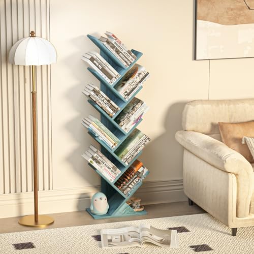 10 Tier Tree Book Shelf, Floor Standing Wood Bookshelf for Narrow Space
